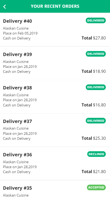 Alaskan Cuisine Mobile App Recent orders