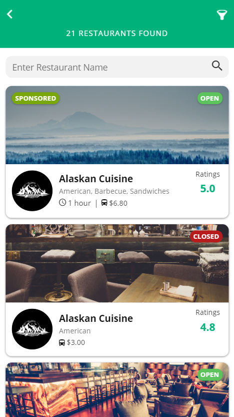 Alaskan Cuisine Mobile App Search results