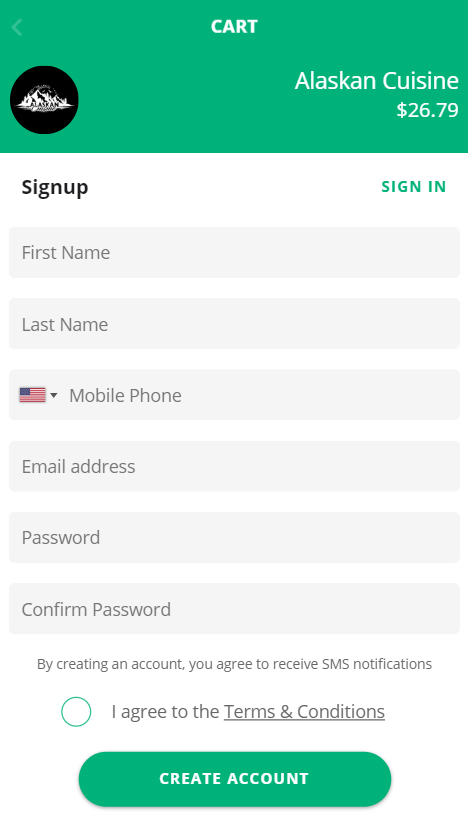 Alaskan Cuisine Mobile App Sign up